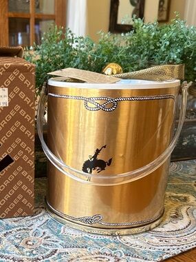 Georges Briard Ice Bucket Mid Century Gold Rope Trim Western Cowboy Barware